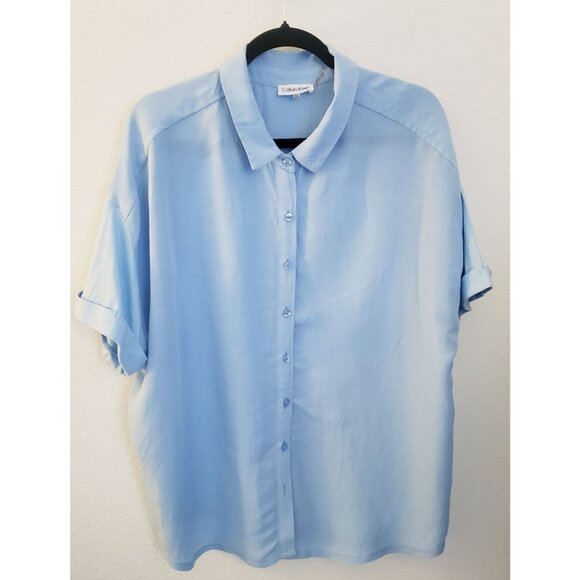 Calvin Klein Lt Blue Oversized Slightly Cropped Cotton Blend Button Up Shirt 1X - Picture 1 of 6